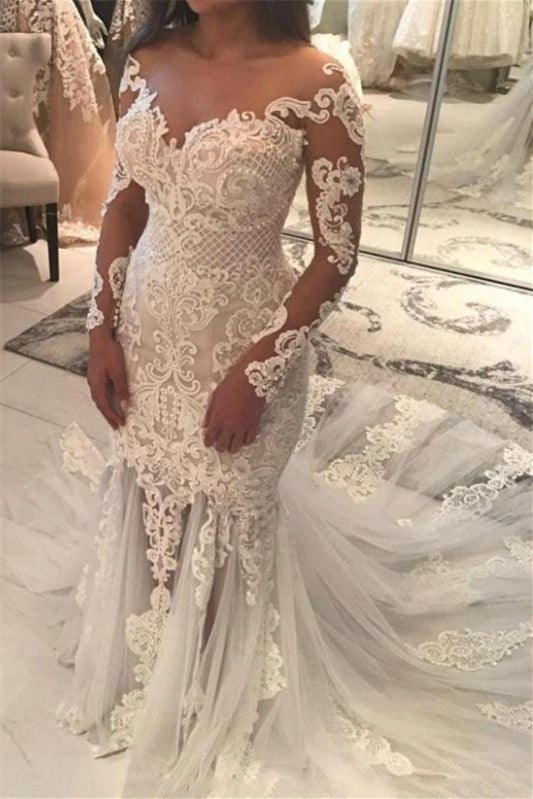 Gorgeous Long Sleeves Mermaid Wedding Dress with Tulle Lace and Appliques