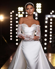 Gorgeous Long Sleeves Off-the-Shoulder Lace Mermaid Wedding Dress with Overskirt