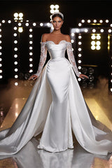 Gorgeous Long Sleeves Off-the-Shoulder Lace Mermaid Wedding Dress with Overskirt