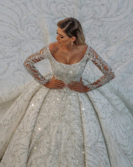 Gorgeous Modest Long Ball Gown Wedding Dress with Off-the-Shoulder Backless Crystal Embellished with Sequins