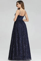 Gorgeous Navy Blue Spaghetti-Straps Evening Gowns Long Sweetheart Prom Dress With Leaves Embelishments