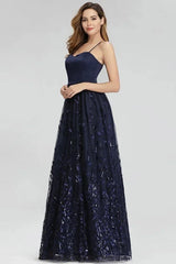 Gorgeous Navy Blue Spaghetti-Straps Evening Gowns Long Sweetheart Prom Dress With Leaves Embelishments