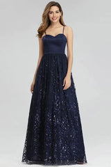 Gorgeous Navy Blue Spaghetti-Straps Evening Gowns Long Sweetheart Prom Dress With Leaves Embelishments