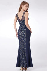 Gorgeous Navy V-Neck Lace Prom Dress Mermaid Long Evening Gowns