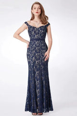 Gorgeous Navy V-Neck Lace Prom Dress Mermaid Long Evening Gowns