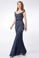Gorgeous Navy V-Neck Lace Prom Dress Mermaid Long Evening Gowns