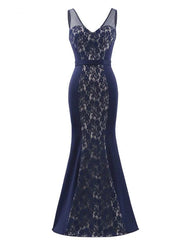 Gorgeous Navy V-Neck Lace Prom Dress Mermaid Long Evening Gowns