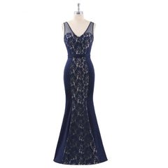 Gorgeous Navy V-Neck Lace Prom Dress Mermaid Long Evening Gowns