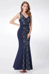 Gorgeous Navy V-Neck Lace Prom Dress Mermaid Long Evening Gowns