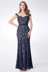 Gorgeous Navy V-Neck Lace Prom Dress Mermaid Long Evening Gowns