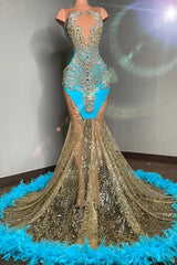 Gorgeous Ocean Blue Mermaid Evening Dress With Crystals Feather