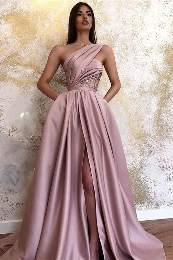 Gorgeous One Shoulder Evening Dress Split With Poacket