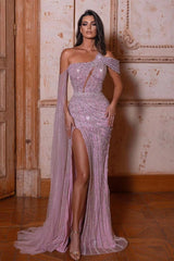 Gorgeous One Shoulder Prom Dress with Sequins and Long Split