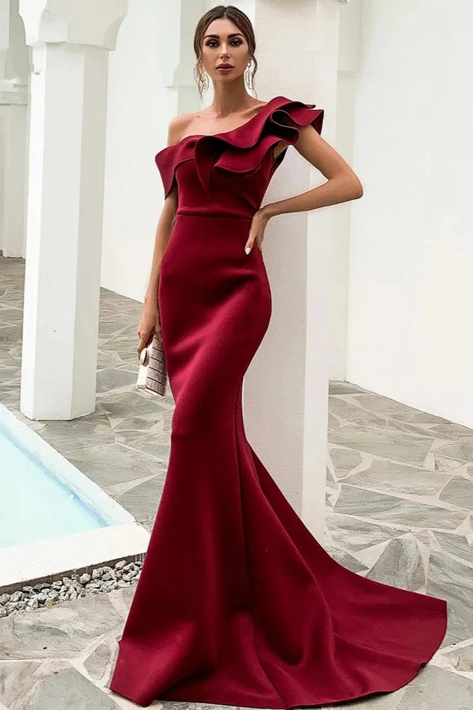 Gorgeous One Shoulder Ruffles Mermaid Evening Prom Dress