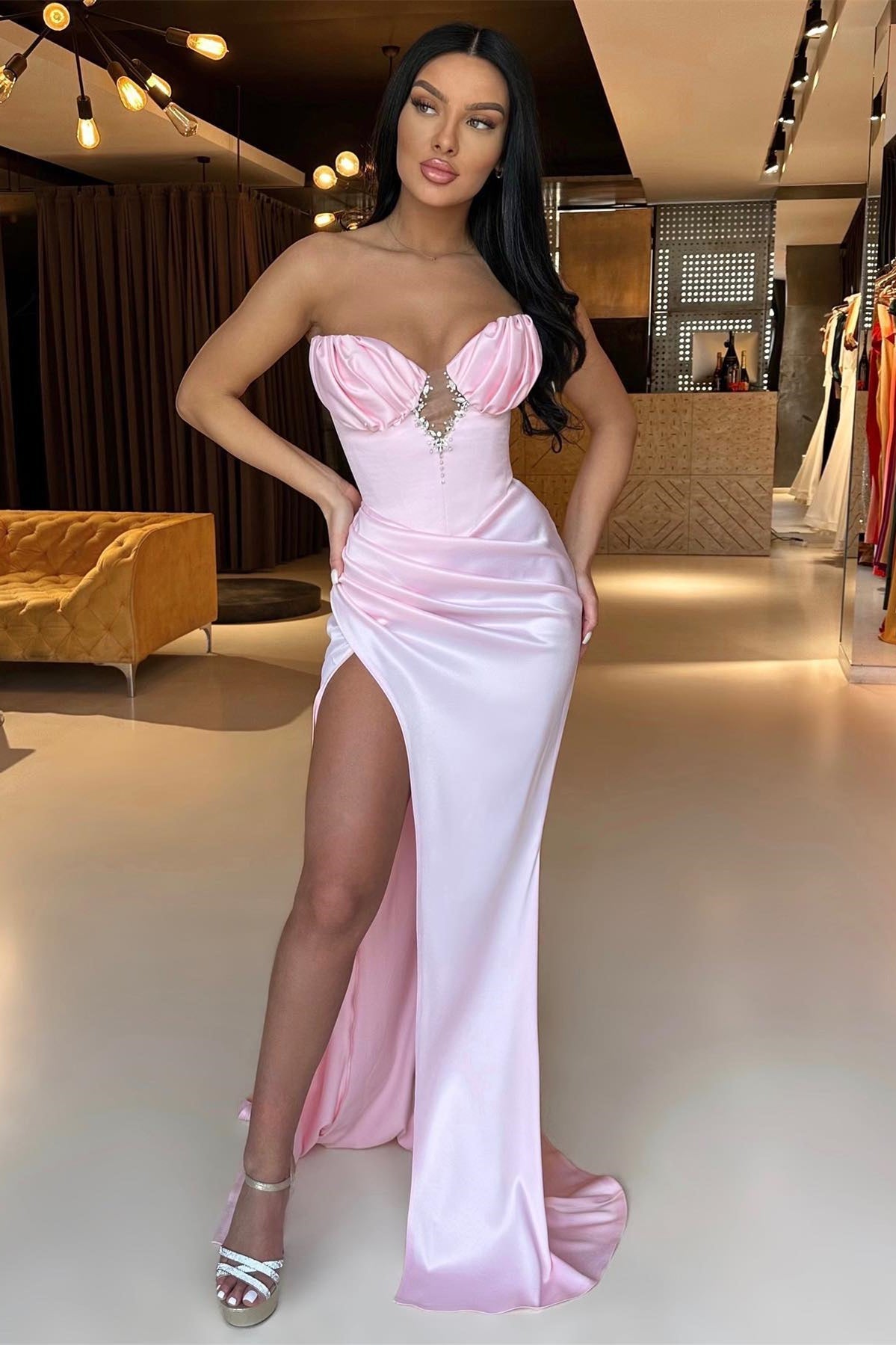 Gorgeous Pink Strapless Mermaid Prom Dress with Pleats and Beaded Split Online