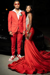 Gorgeous Red Crystal Mermaid Sleeveless Prom Dress with Fur