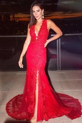 Gorgeous Red Sleeveless Mermaid Evening Dress Lace Appliques With Split