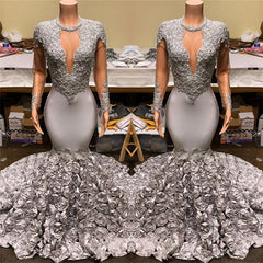 Gorgeous Silver Long Sleeves Mermaid Appliques Flowers Prom Dress