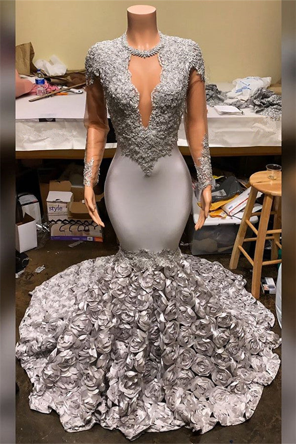 Gorgeous Silver Long Sleeves Mermaid Appliques Flowers Prom Dress
