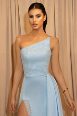 Gorgeous Sky Blue Sequins Mermaid Evening Dress Long Slit With Ruffles