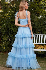 Gorgeous Sky Blue Straps Sweetheart Evening Dress Long Tulle Layered