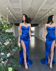 Gorgeous Spaghetti-Straps Royal Blue evening Dress Mermaid With Slit