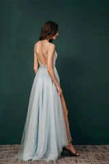 Gorgeous Spaghetti-Straps Tulle Evening Dress Long Split Open Back With Lace Appliques