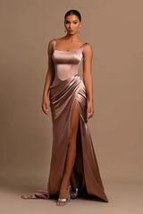 Gorgeous Straps Square Mermaid Evening Dresses Sleeveless Split Long With Pleats