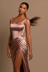 Gorgeous Straps Square Mermaid Evening Dresses Sleeveless Split Long With Pleats