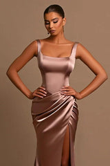 Gorgeous Straps Square Mermaid Evening Dresses Sleeveless Split Long With Pleats