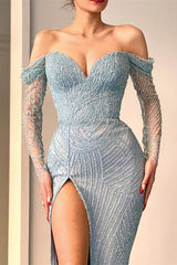 Gorgeous Sweetheart Mermaid Evening Dress with Beadings and Off-the-shoulder Long Sleeves