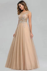 Gorgeous Tulle Prom Dresses Scoop Long Evening Gowns With Crystals