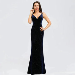 Gorgeous V-Neck Velvet Evening Gowns Mermaid Long Prom Dress