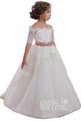 Gorgeous White Ball Gown for Girls with 1/2 Sleeves and Lace Detail