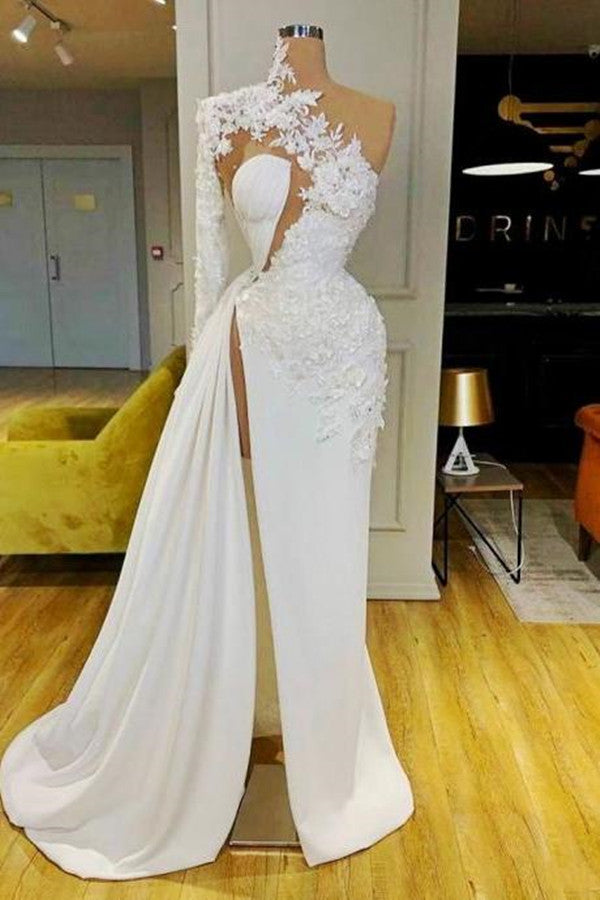 Gorgeous White One Shoulder Appliques Long Sleeves Prom Dress