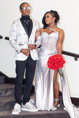 Gorgeous White Spaghetti Strap Side Slit Appliques Prom Dress