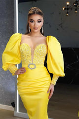 Gorgeous Yellow Long Sleeves Mermaid Evening Dress Split With Seuqins Beads