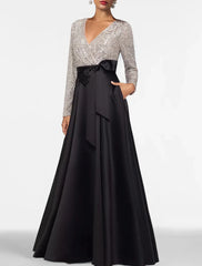 A-Line Evening Gown Elegant Dress Formal Floor Length Long Sleeve V Neck Fall Wedding Guest Satin with Sequin Pocket