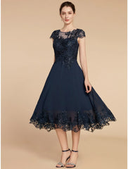 Aimishang  A-Line Mother of the Bride Dress Wedding Guest Elegant Petite Scoop Neck Tea Length Chiffon Lace Cap Sleeve with Sequin Ruching Solid Color