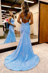 Grad Party Ready: Blue Mermaid Evening Dress with Red & Black Open Back