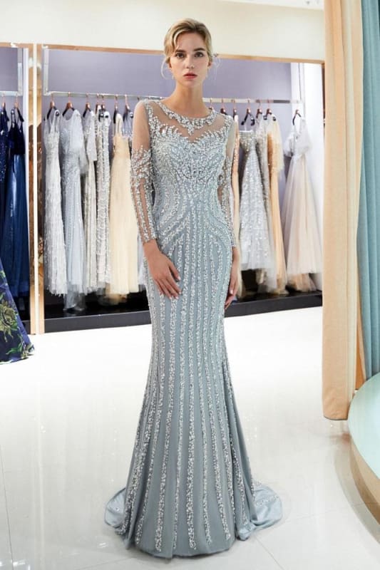 Gray Beaded Evening Dresses Luxury Mermaid Crystal Sweep Train Long Sleeves Prom Dress