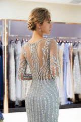 Gray Beaded Evening Dresses Luxury Mermaid Crystal Sweep Train Long Sleeves Prom Dress