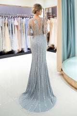 Gray Beaded Evening Dresses Luxury Mermaid Crystal Sweep Train Long Sleeves Prom Dress