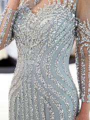 Gray Beaded Evening Dresses Luxury Mermaid Crystal Sweep Train Long Sleeves Prom Dress
