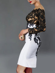 Sheath / Column Cocktail Black Dress Plus Size Elegant Dress Fall Wedding Guest Dress For Mother ColorBlock Tea Length Long Sleeve Off Shoulder Stretch Crepe with Appliques