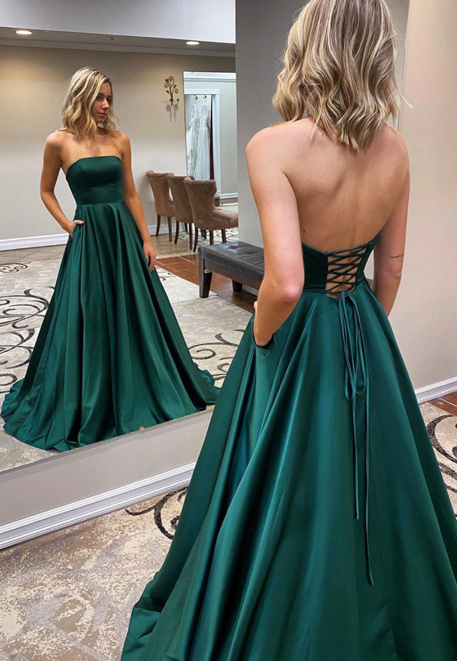 Simple Strapless Long Green Prom Dresses, A-Line Evening Dresses