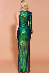 Green Long Sleeve One Shoulder Prom Dress Sequins Mermaid Long Evening Gowns