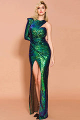 Green Long Sleeve One Shoulder Prom Dress Sequins Mermaid Long Evening Gowns