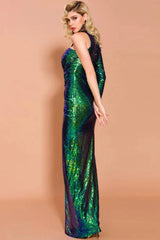Green Long Sleeve One Shoulder Prom Dress Sequins Mermaid Long Evening Gowns