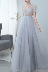 Grey Tulle Evening Dress with Bowknot and High Collar Appliques